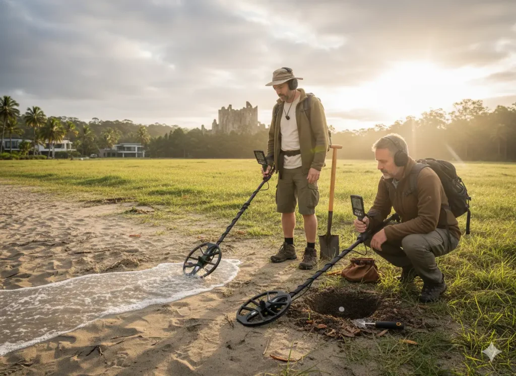 Primer plano del detector de metales Minelab EQUINOX 800 en la orilla de una playa al atardecer, detectando tesoros en arena húmeda y agua salada.